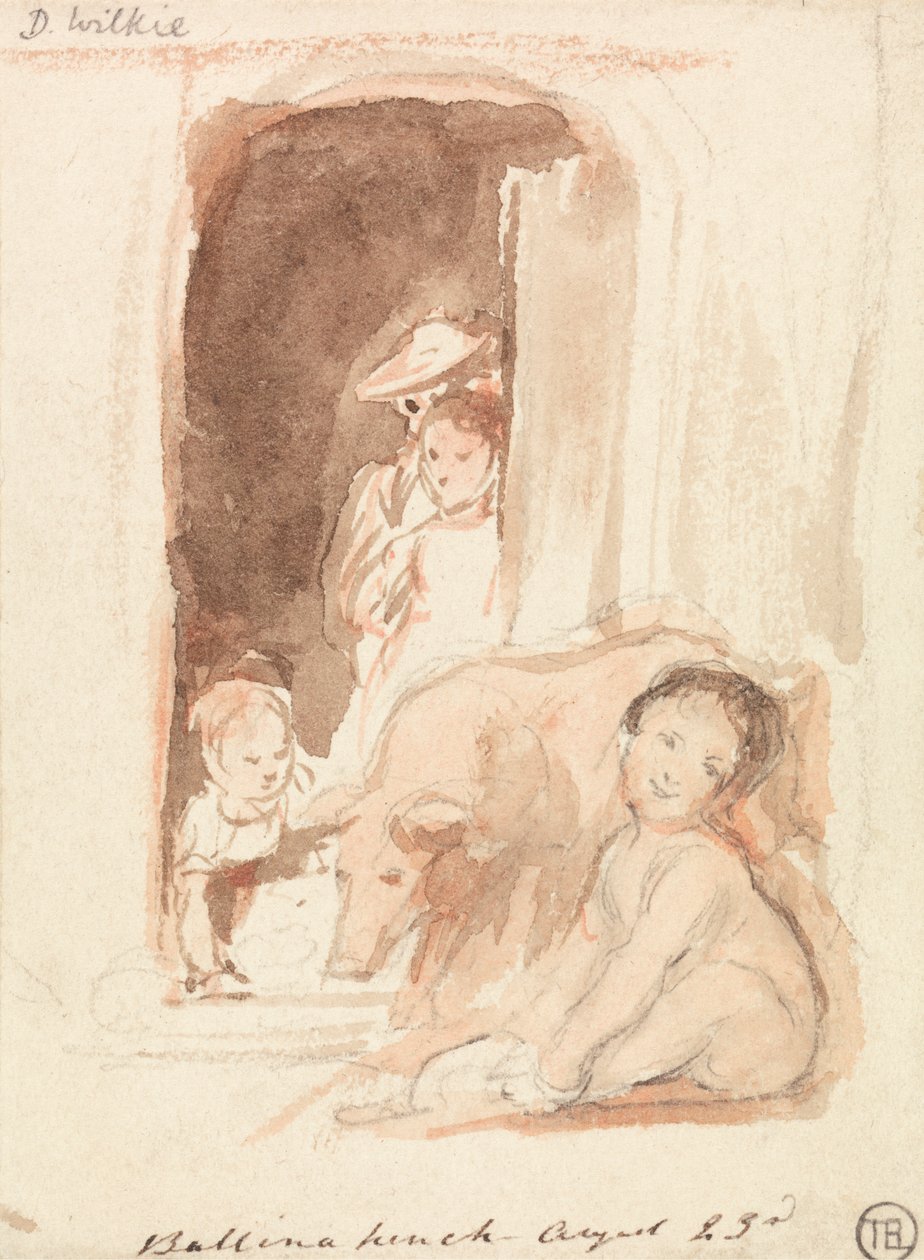 Barn med gris vid en dörröppning i Ballynahinch, Irland av Sir David Wilkie