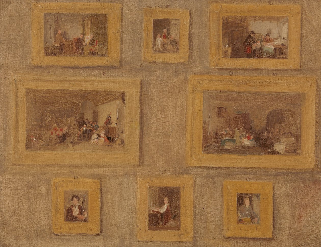 Det enda barnet; Judarnas Harpa; The Cut Finger; Blindbock; Hyresdagen; The Scotch Piper; Prieu-Dieu; och självporträtt: en skiss av de åtta målningarna inramade och hängande på en vägg av Sir David Wilkie