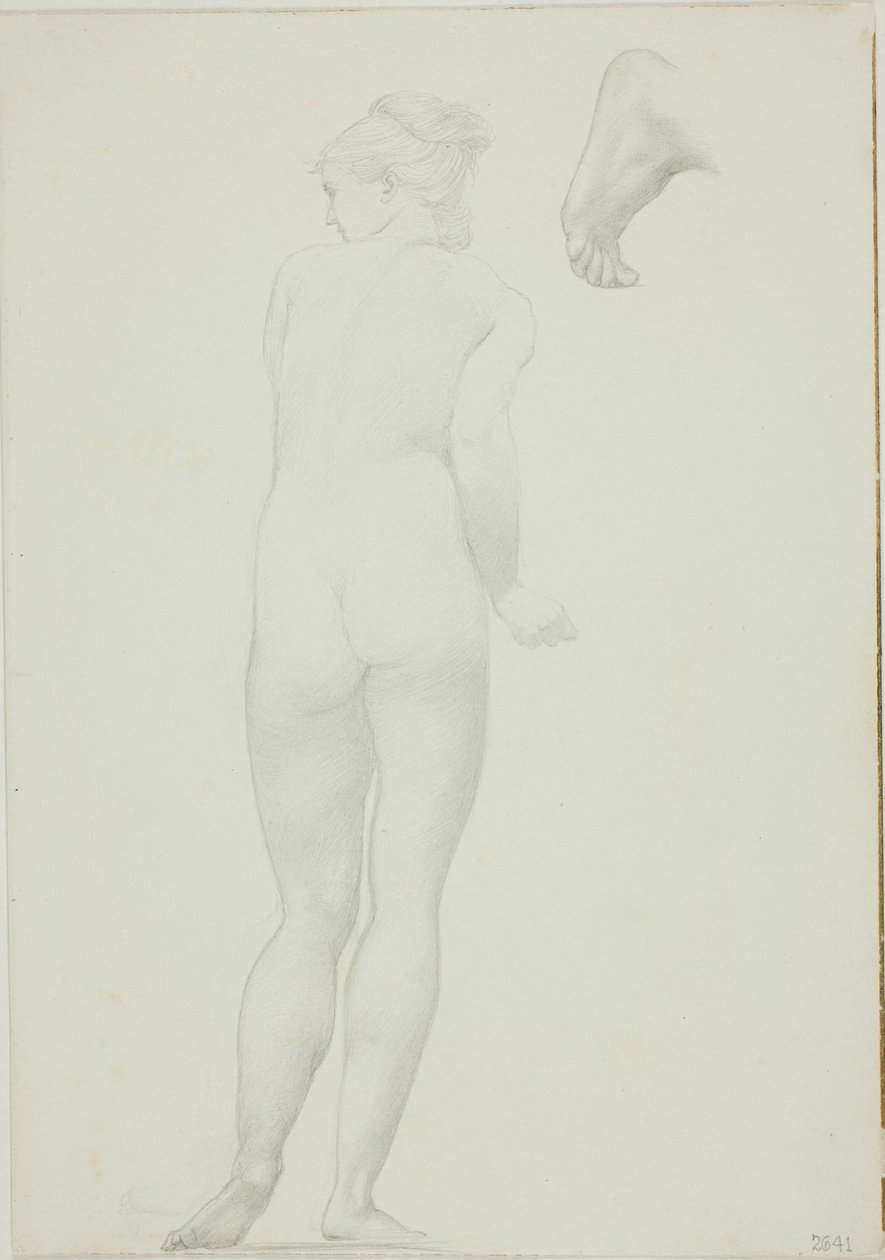 Baksida av stående naken kvinna och skiss av en fot av Sir Edward Burne Jones