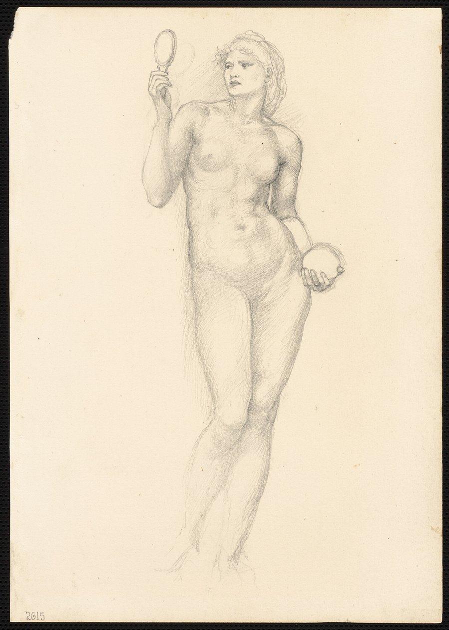 Naken kvinnlig figur med spegel i höger hand av Sir Edward Burne Jones