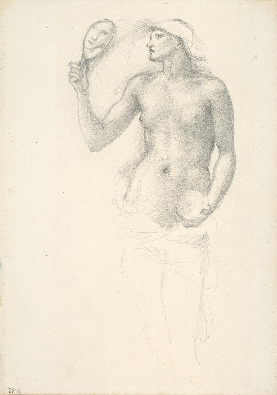 Halvnaken kvinnlig figur med spegel i höger hand av Sir Edward Burne Jones
