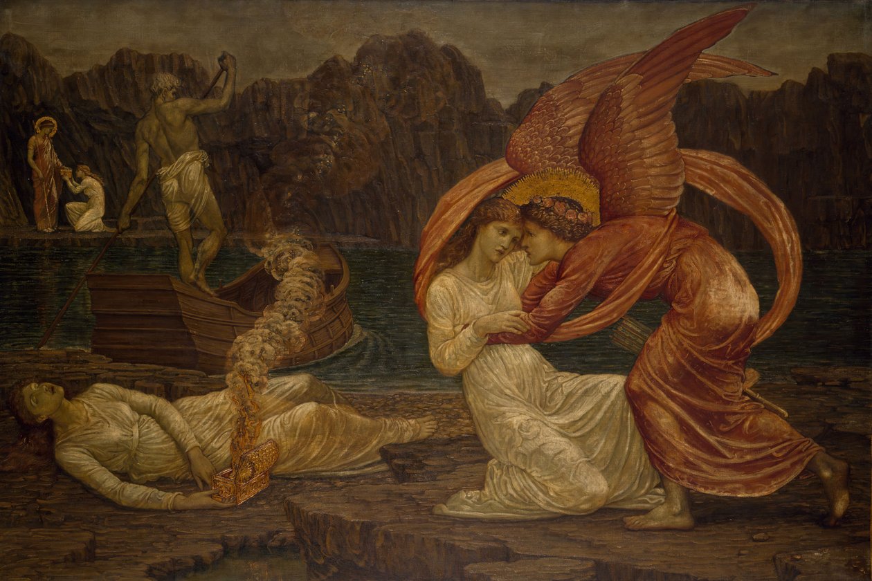 Cupid och Psyche - Palace Green Murals - Psyche tar emot kistan från Proserpine, 1881. av Sir Edward Coley Burne Jones
