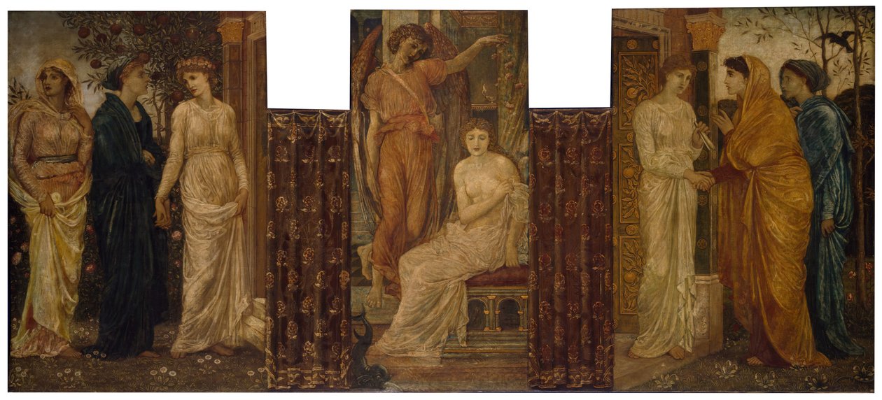 Cupid och Psyche - Palace Green Murals - Psyches systrar besöker henne i Amors hus, 1881. av Sir Edward Coley Burne Jones