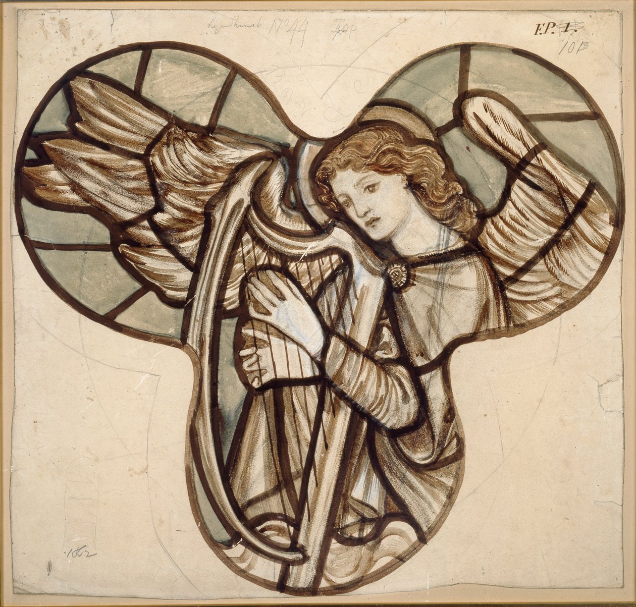 Design för målat glas i Lyndhurst Church: An Angel Harpist, 1862 av Sir Edward Coley Burne Jones