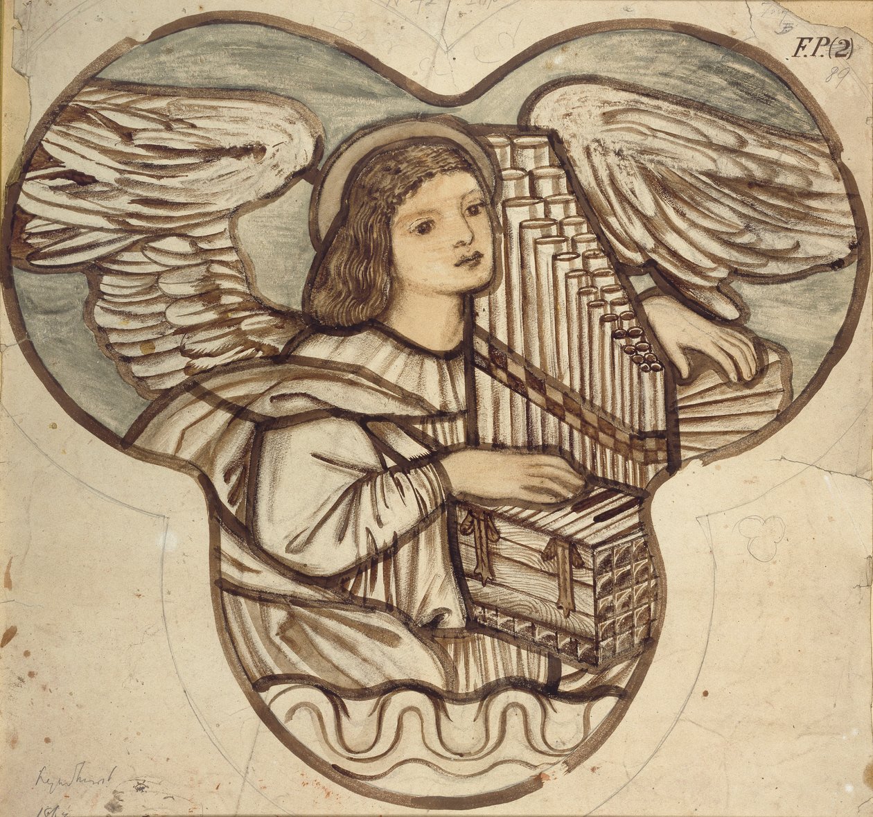 Design för målat glas i Lyndhurst Church: An Angel Organist, 1886 av Sir Edward Coley Burne Jones