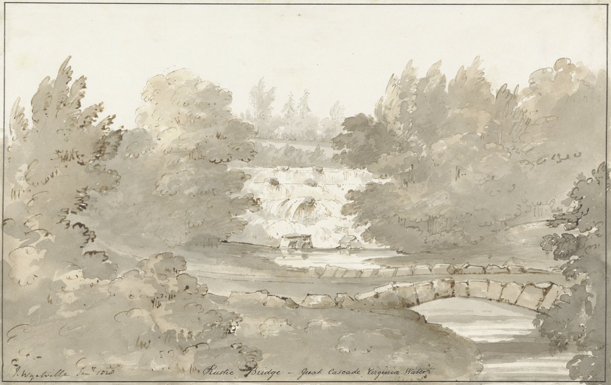 Design för Rustic Bridge under Cascade, Virginia Water (penna och bläck med tvätt på papper) av Sir Jeffry Wyatville