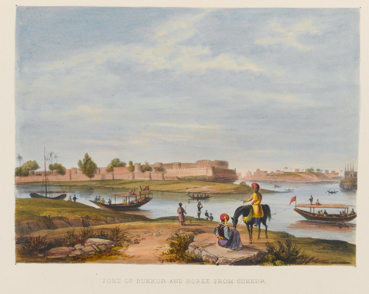 Fort of Bukkur och Roree från Sukkur av Sir Keith A. Jackson