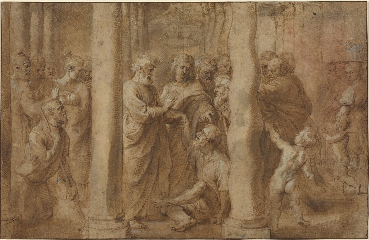Den lame mannens mirakel helad av Sankt Peter och Sankt Johannes av Sir Peter Paul Rubens over Anonymous Italian after Parmigianino after Raphael