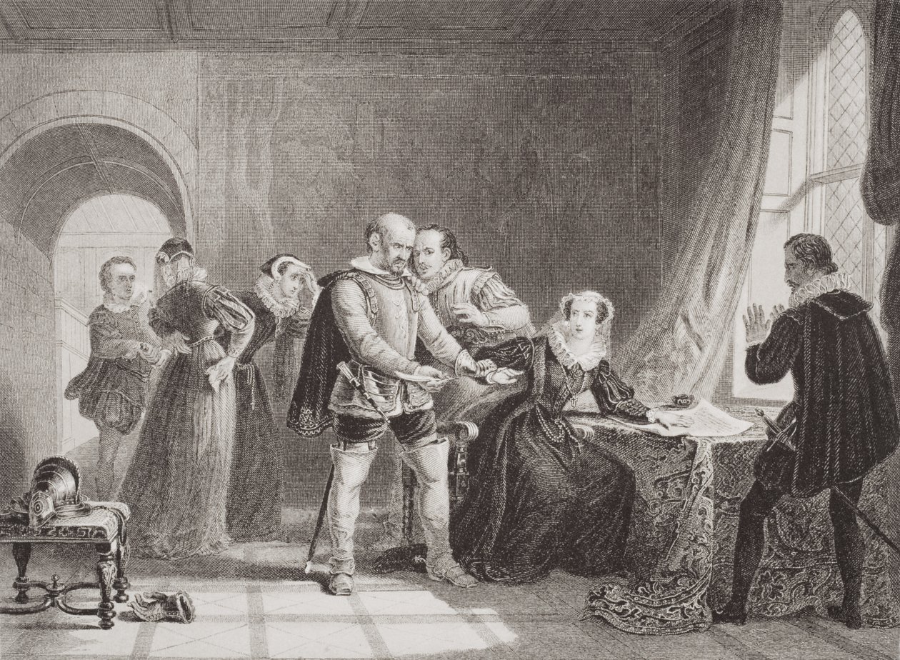Mary Queen of Scots (1542-87) tvingad att skriva under sin abdikation i Lochleven Castle 1567, från "Illustrations of English and Scottish History", volym I. av Sir William Allan