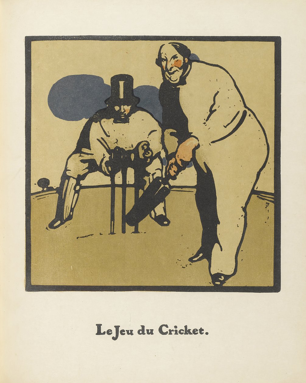 Cricket spel. Från Almanac of Twelve Sports, 1898 av Sir William Nicholson