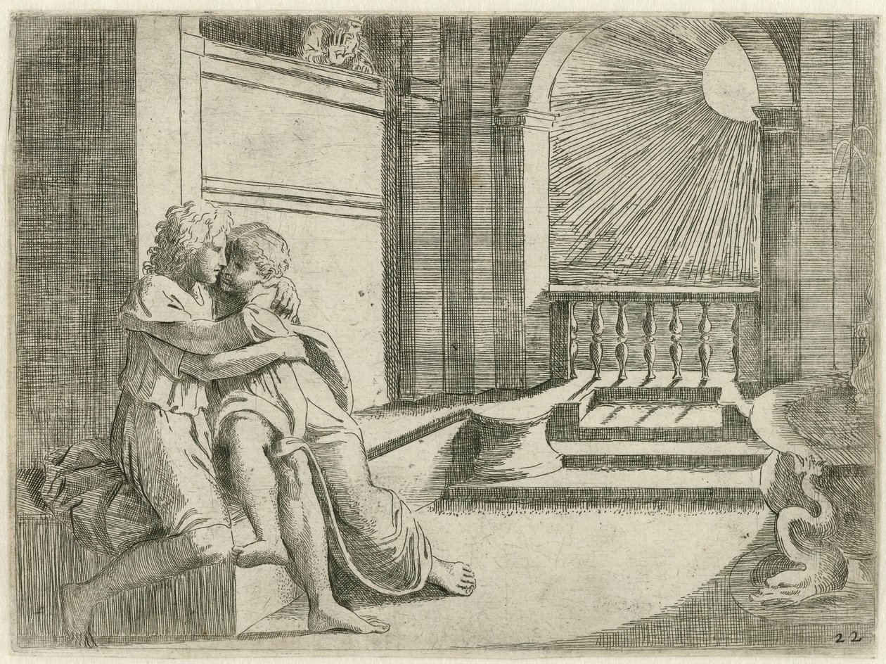 Abimelech ser Isaak Rebekka liefkozen Bijbelse scener (serietitel) Historia del Testamento Vecchio / Målad i Rom i Vatikanen av Raffaelle di Urbin (...) (serietitel) av Sisto Badalocchio