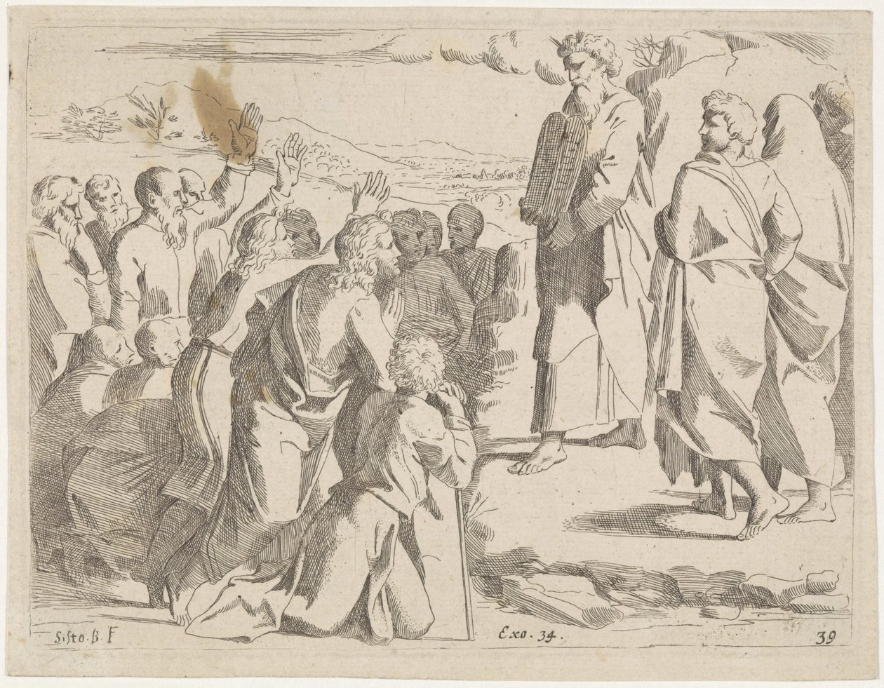 Mose visar lagens tabeller för folket Bibliska scener (serietitel) Historia del Testamento Vecchio / Dipinta in Roma nel Vaticano da Raffaelle di Urbino (...) (serietitel) av Sisto Badalocchio