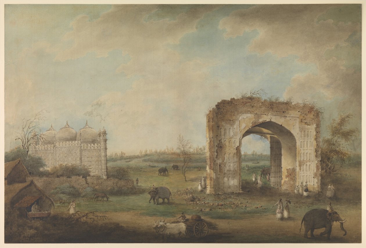 Utsikt över en moské och port vid Motijhil, ca 1814–1823 (ogenomskinlig akvarell på papper) av Sita Ram (attr. to)