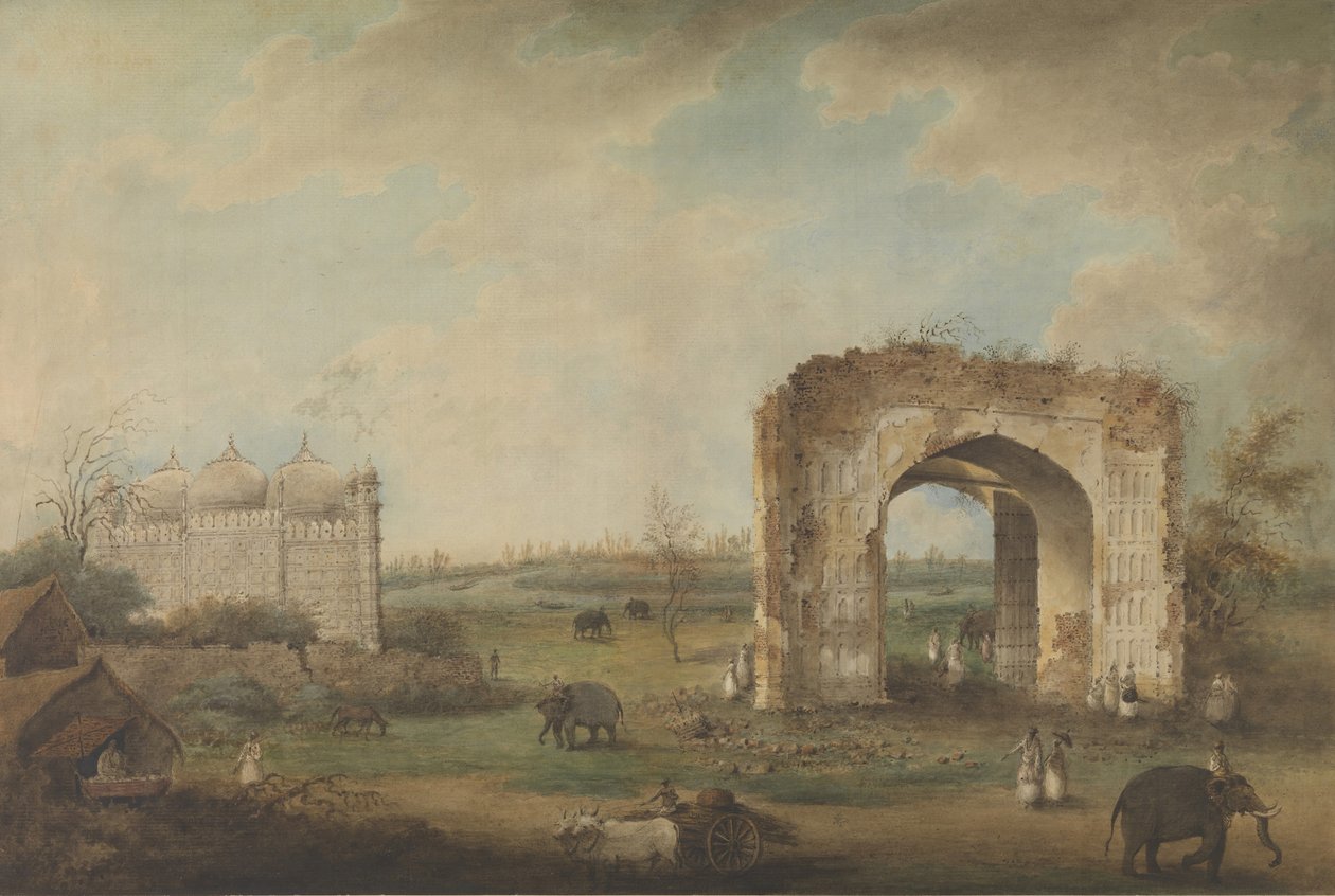 Utsikt över en moské och port vid Motijhil, ca. 1814-23. av Sita Ram.
