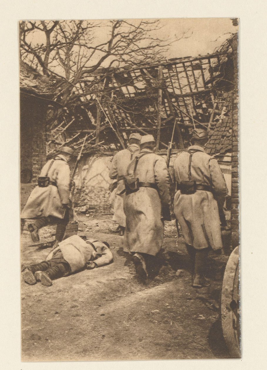 Slaget vid Arras (9 maj till juni) var extremt blodigt för tyskarna. (...) Här är ett avsnitt av tillfångatagandet av Neuville (...) (titel på objekt) 12 cartes postales illustrées de la Grande Guerre / Pochette No 2 (serietitel på objektet av Sémaphore
