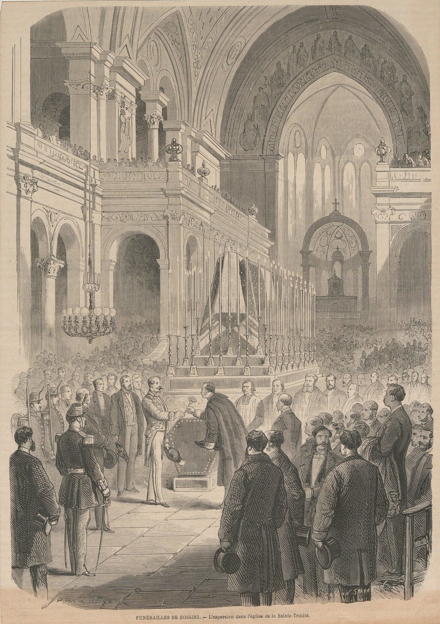 Gioacchino Rossinis begravning. Invigningen i den heliga trefaldighetskyrkan, 1868. av Smeeton and Cie . Cosson