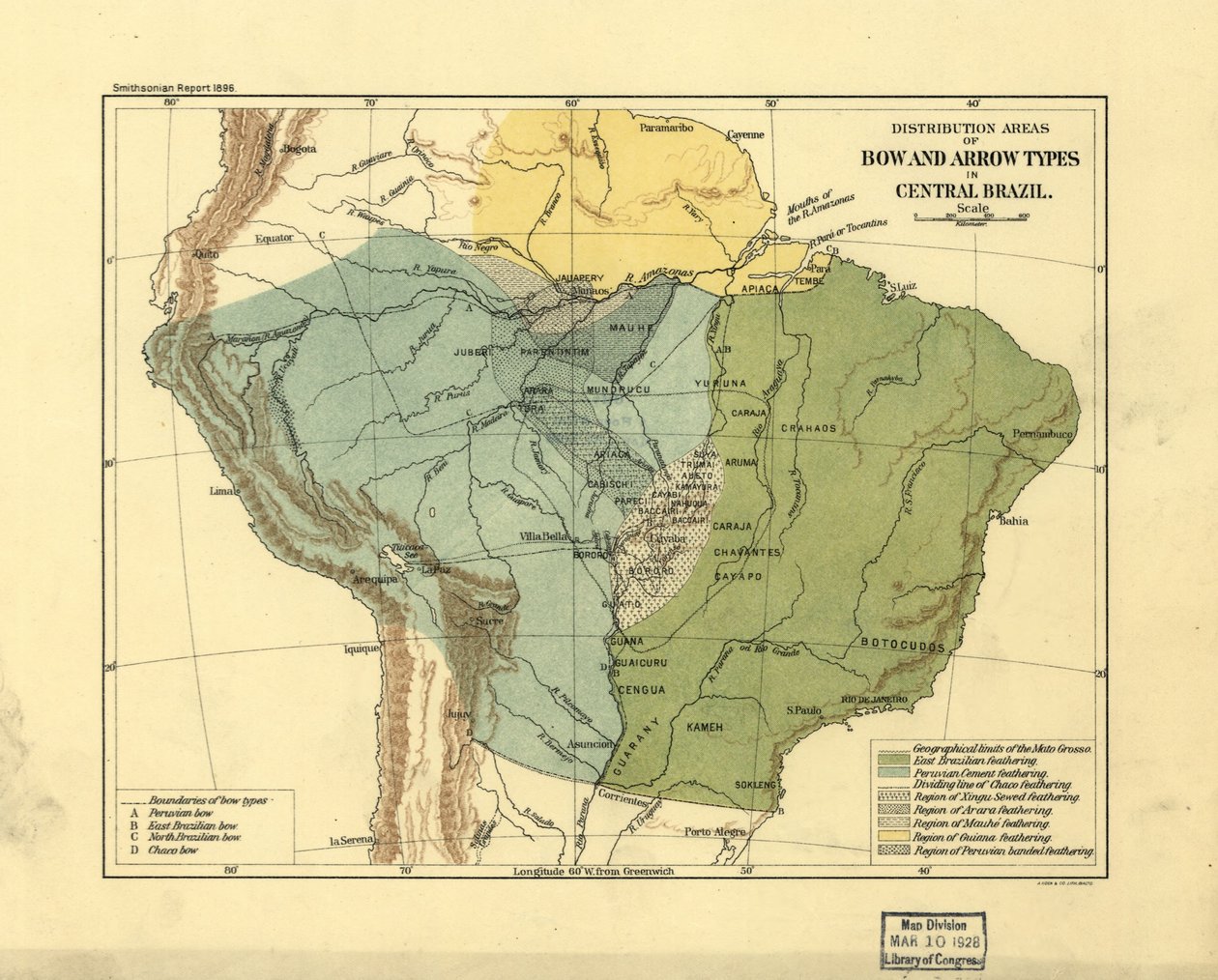 Distributionsområden för pil- och bågtyper i centrala Brasilien. LOC 2003627075 av Smithsonian Institution