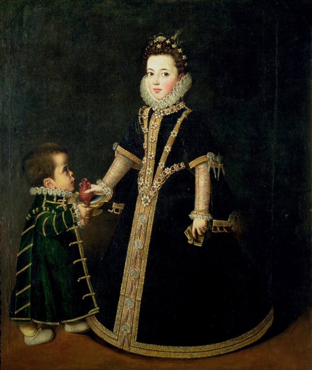 Flicka med en dvärg, tros vara ett porträtt av Margarita av Savoyen, dotter till hertigen och hertiginnan av Savoyen, ca 1595 av Sofonisba Anguissola