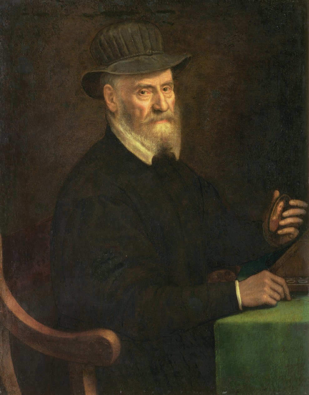 Porträtt av Giulio Clovio (1498-1578), miniatyrkonstnär, med en miniatyr som tros vara av konstnären Lavinia Teerlinks (fl.1545-70), 1556 av Sofonisba Anguissola