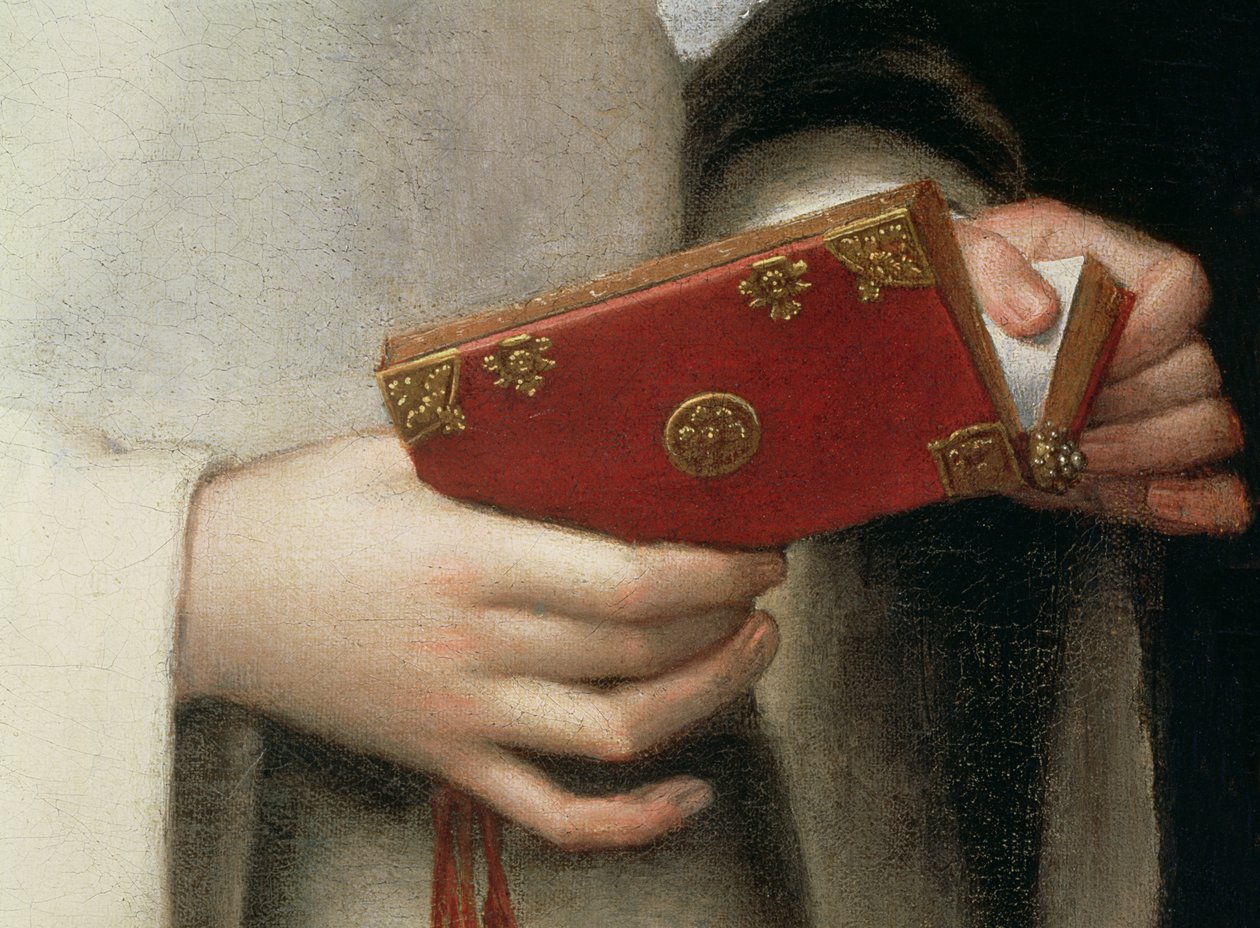 Porträtt av konstnärens syster i en nunnas dräkt, detalj av hennes bönebok (detalj av 79749) av Sofonisba Anguissola