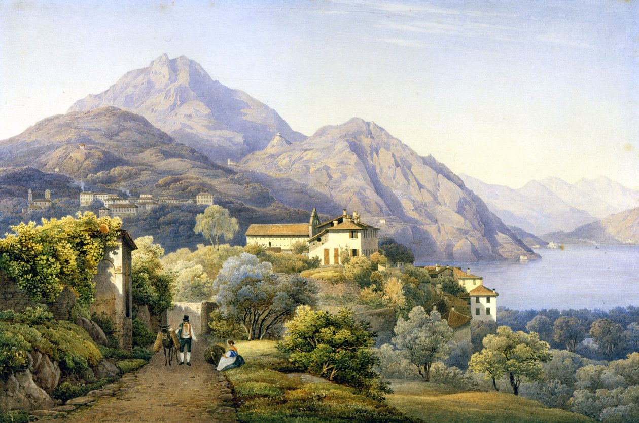 Como. Menaggio. Loveno och berget Groma. 1840. Målning av S. Corrodi. Menaggio, Como. . av Solomon Corrodi