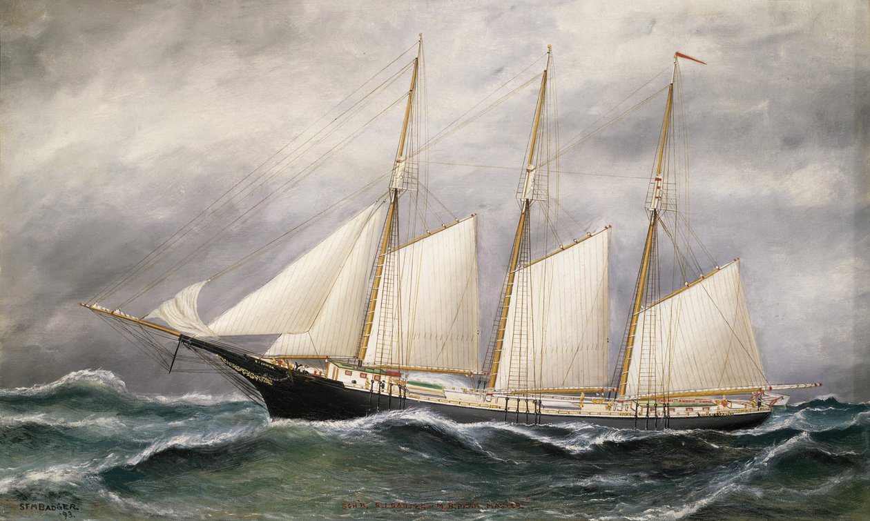 Skonaren "Robert Ingle Carter" för fulla segel, sjösatt 1891 i Boston (Massachusetts, USA) för en kolhandlare i Newport (Rhode Island, USA) av Solon Francis Montecello Badger