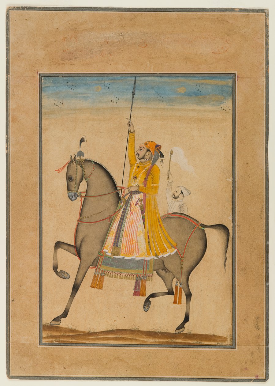 Ridsporträtt av Maharaja Sujan Singh från Bikaner, 1747 (ogenomskinlig wc, silver och guld på papper) av Son of Muhammad attr. to Kasam