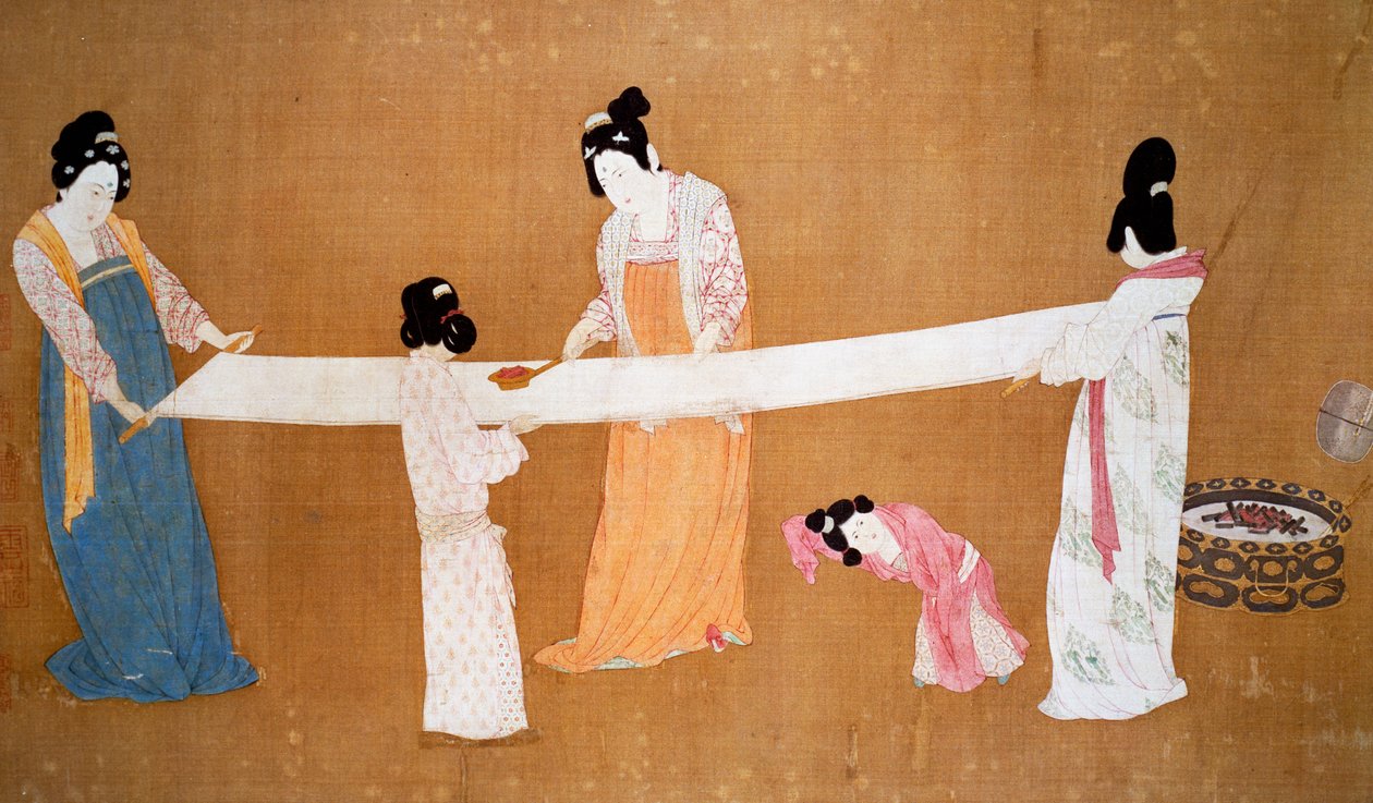 Damer som förbereder det nyvävda siden, målning tillskriven kejsar Hui-Tsung, Songdynastin, Kina av Song Dynasty Chinese School