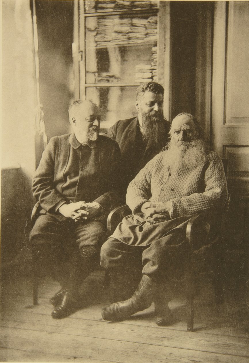 Den ryske författaren Leo Tolstoy med politikern Mikhail Stakhovich och Mikhail Sukhotin, Ryssland, 1900-talet av Sophia Andreevna Tolstaya