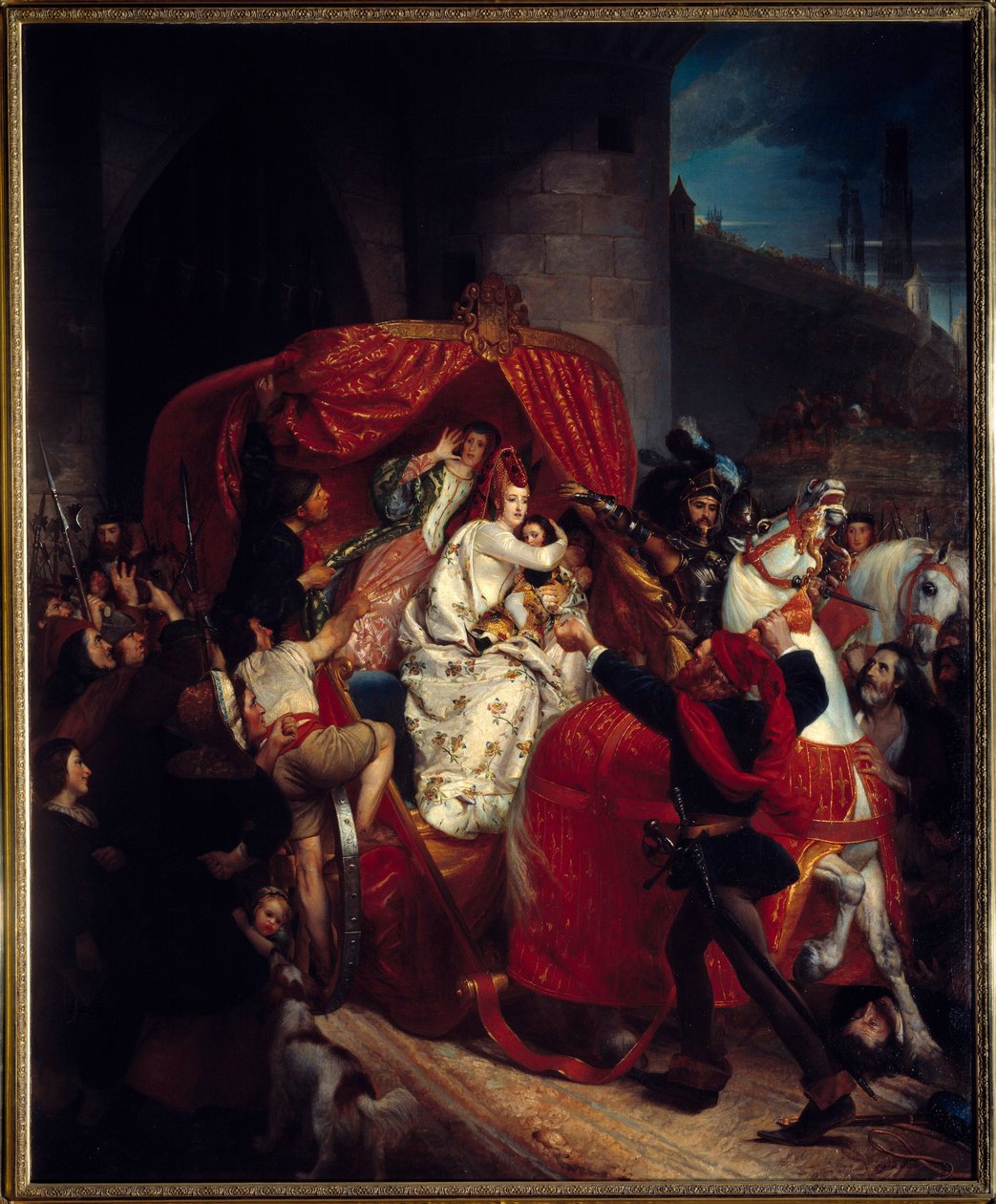 Brygges uppror 1436: ""Hertiginnan av Bourgogne vid portarna till Brygge""" Isabella av Portugal (1397-1471) arresterades tillsammans med sin son Karl Temerary under befästningarna. Målning av Sophie Rude (1797-1867) 1841 Sön. 1,84x1,5 m Dijon, Museum of F av Sophie Rude