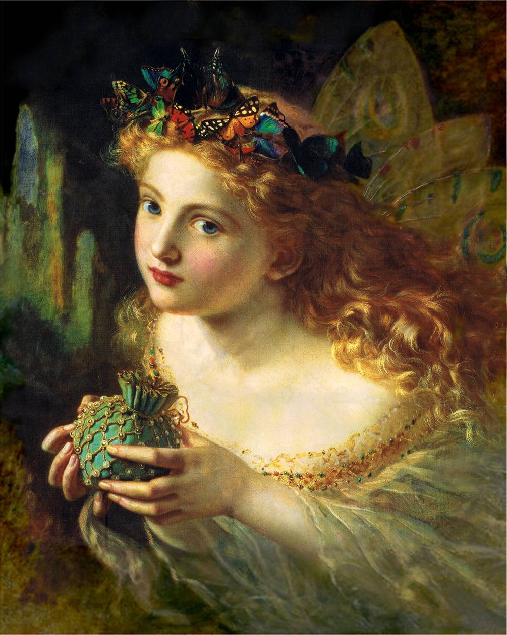 Ta kvinnans vackra ansikte och häng försiktigt upp det med fjärilar, blommor och juveler, så att din älva är gjord av de vackraste sakerna av Sophie Gengembre Anderson