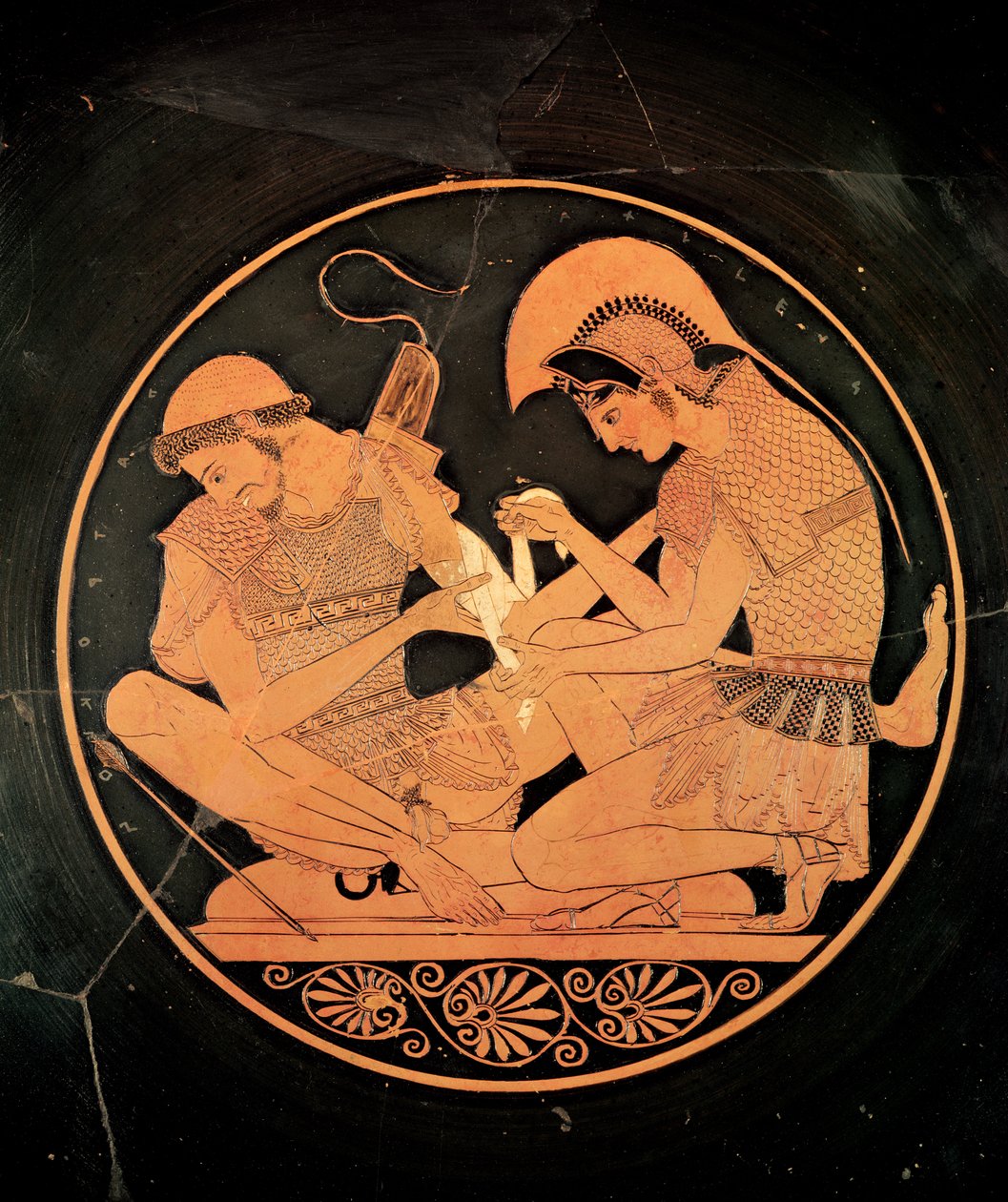 Interiör av en röd vindsfigur kylix föreställande Achilles Tending the Wounded Patrocles, från Vulci, c.500 f.Kr. (keramik) av Sosias Painter
