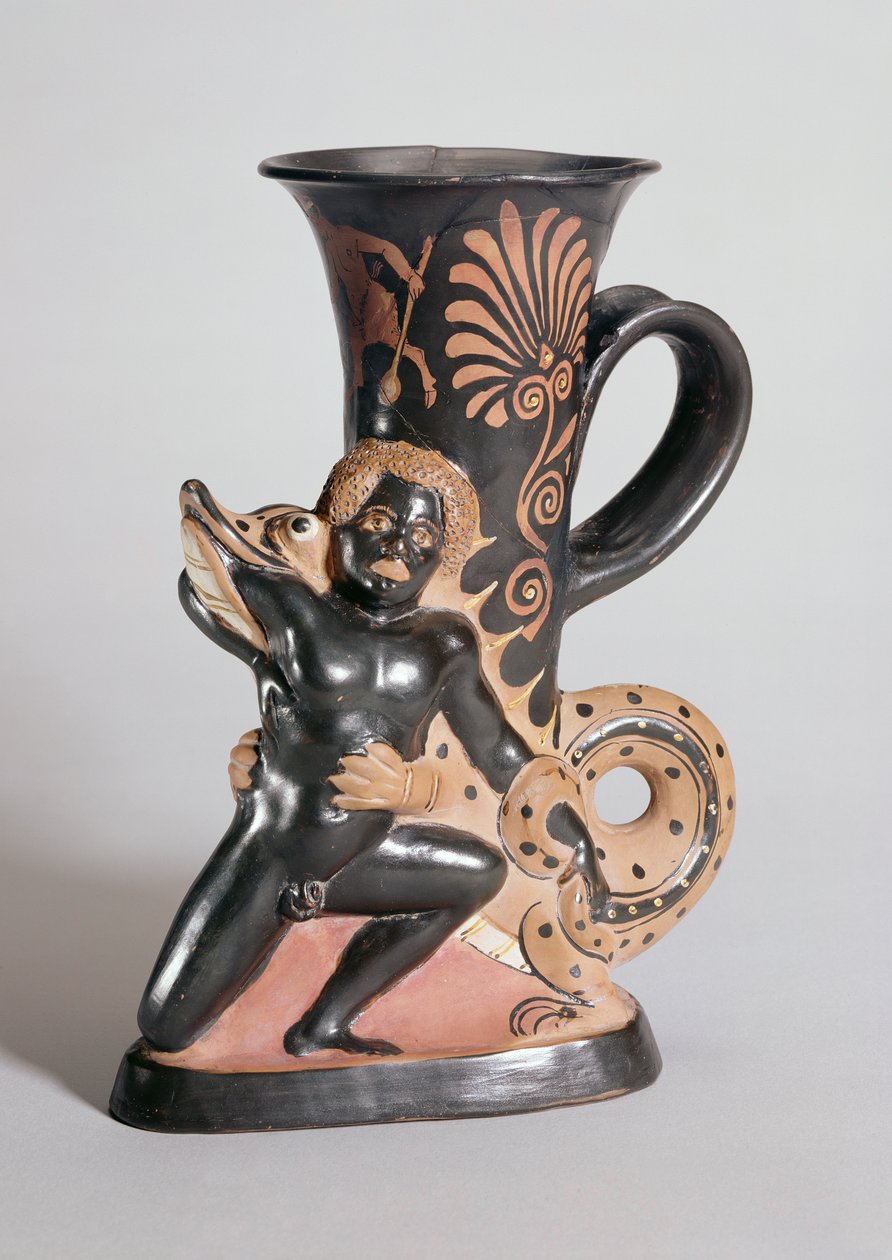 Hornformad Rhyton med röd figur som visar en krokodil som attackerar en nubian, grekisk, ca 350 f.Kr. (lera) av Sotades
