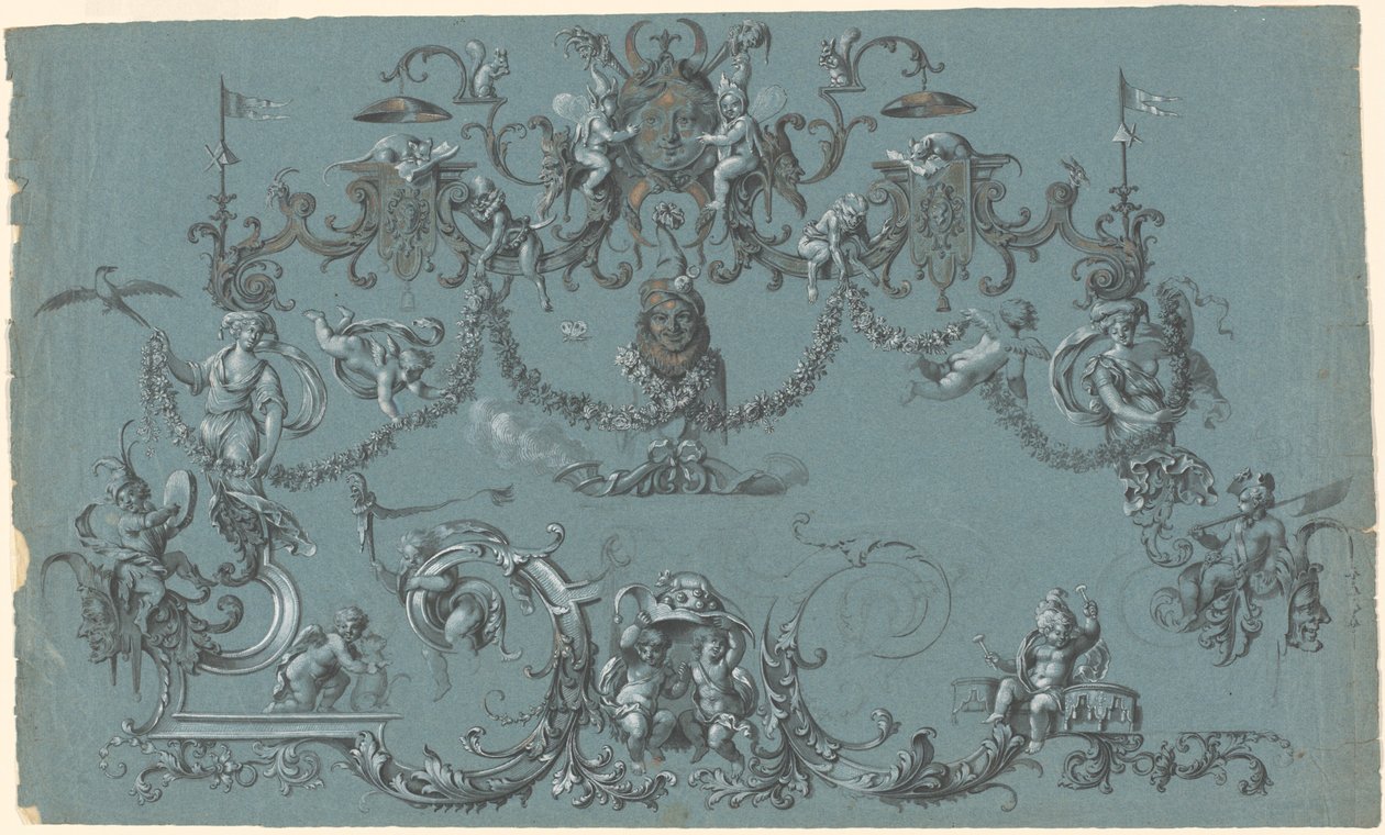 Arabesques med frolicking Putti, djur och gycklare av South German 18th Century