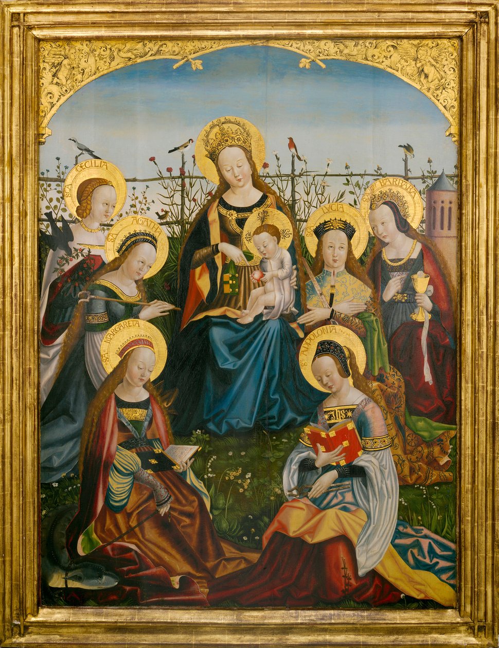 Triptyk av Jungfru Maria och barnet med helgon (mittpanelen) av South German School