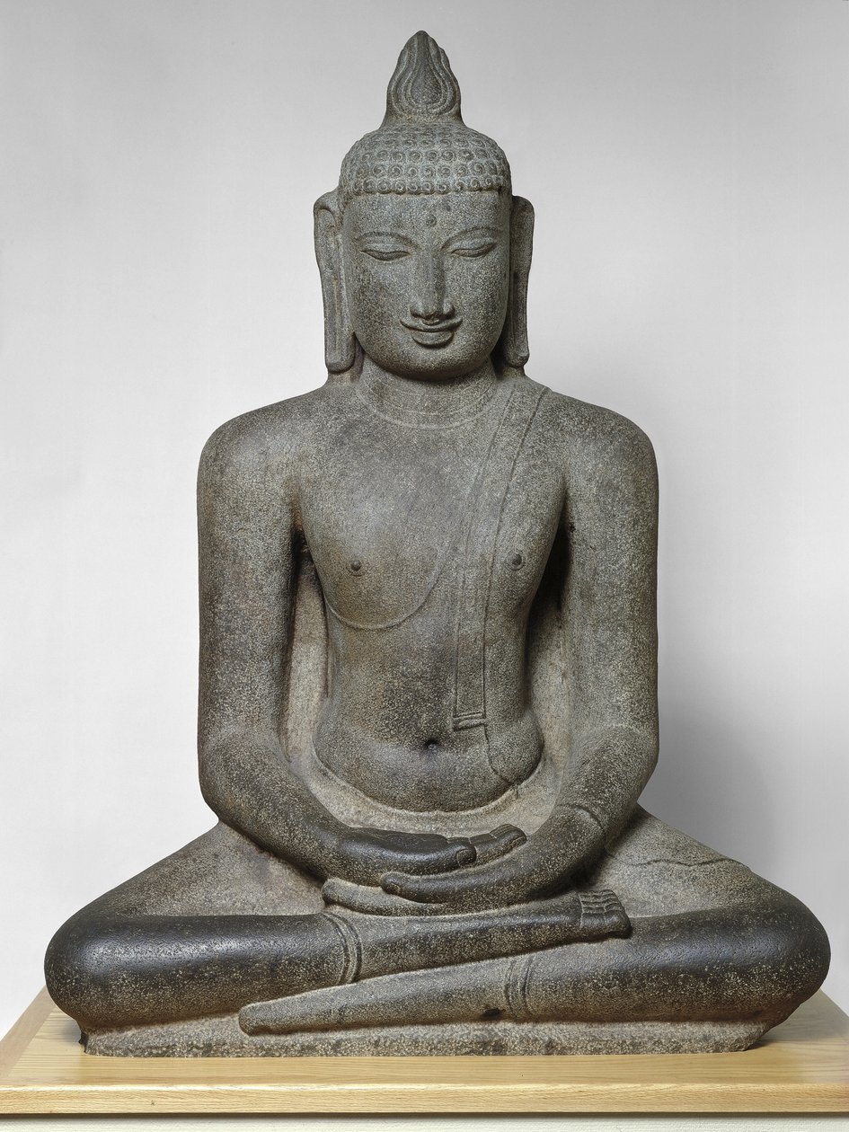 Buddha Shakyamuni sittande i meditation (Dhyanamudra), Chola-period, ca 1100-talet (granit) av South Indian School