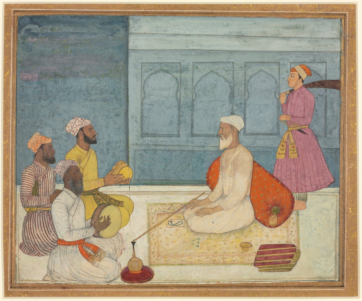 Sultan och musiker, ca 1650 (täckande akvarell och guld på papper) av South Indian School