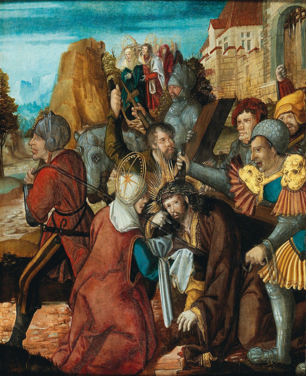 Sankta Veronica presenterar sin slöja för Kristus på väg till Golgata, ca 1515-1520. av Southwest German master.