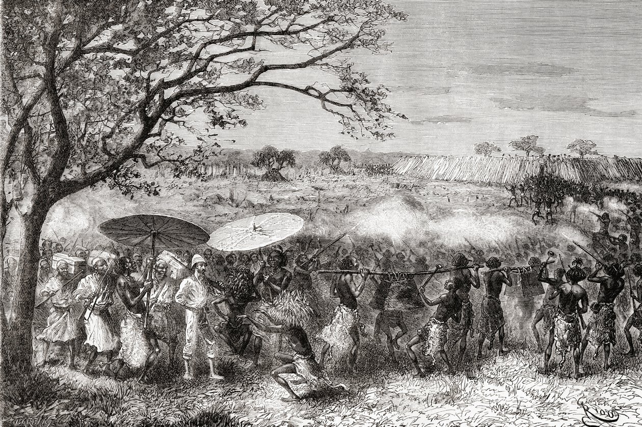 En kongolesisk stam följer med utforskaren Pietro Paolo Savorgnan di Brazza och hans expedition till deras by, från 