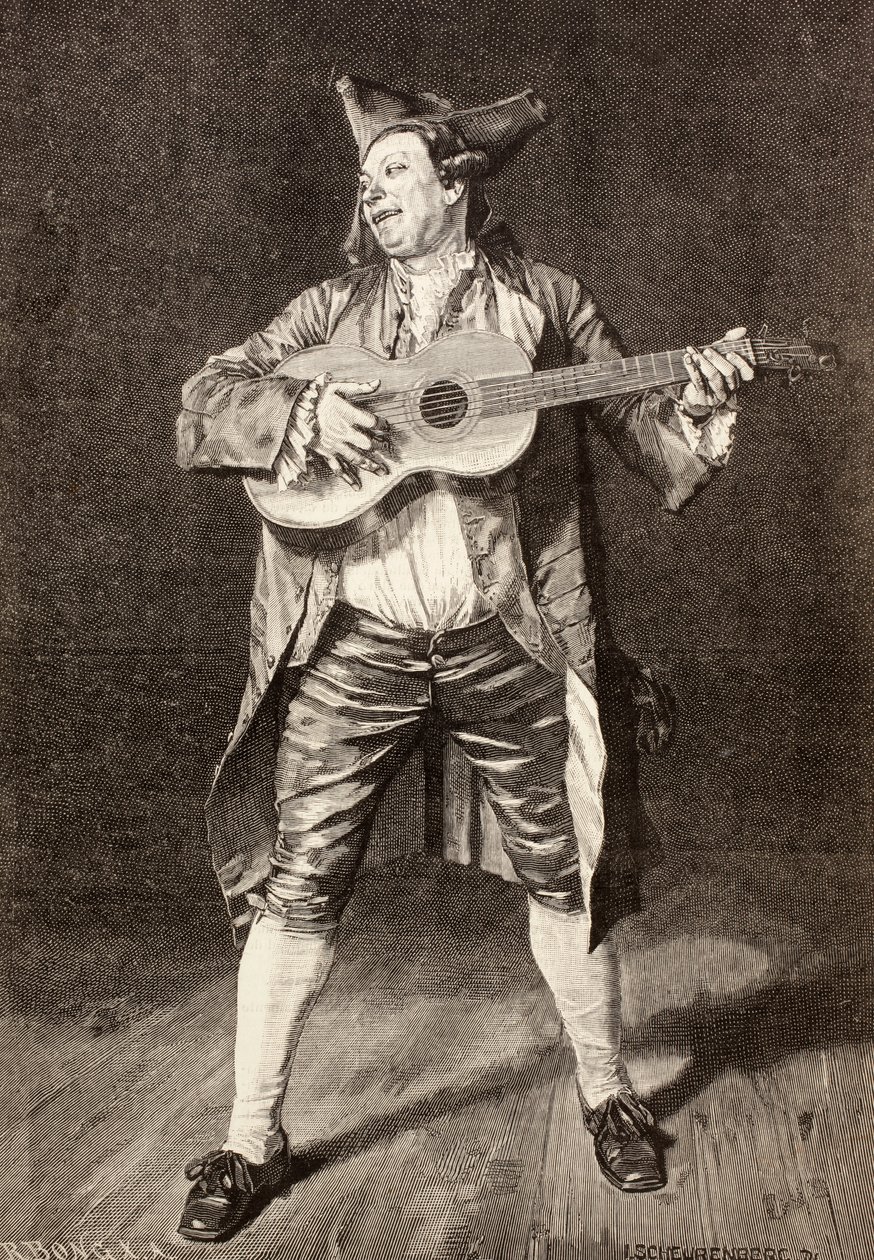 En 1700-talsmusiker, efter en teckning av L. Scheurenberg, från "La Ilustracion Espanola y Americana" från 1881. av Spanish School