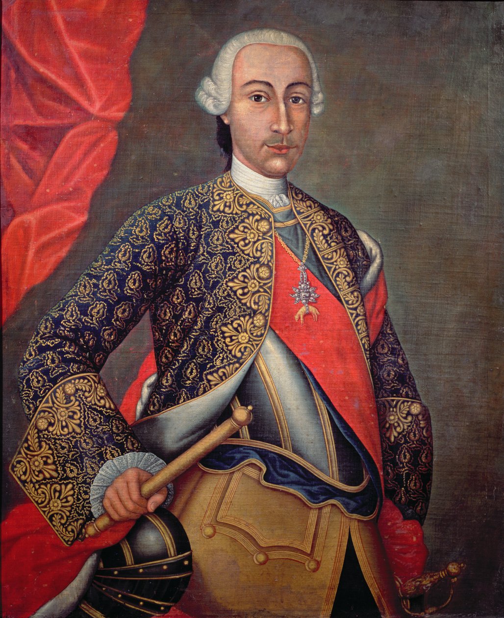 Karl III (1716-88) i rustning och iklädd Guldfleeceorden av Spanish School