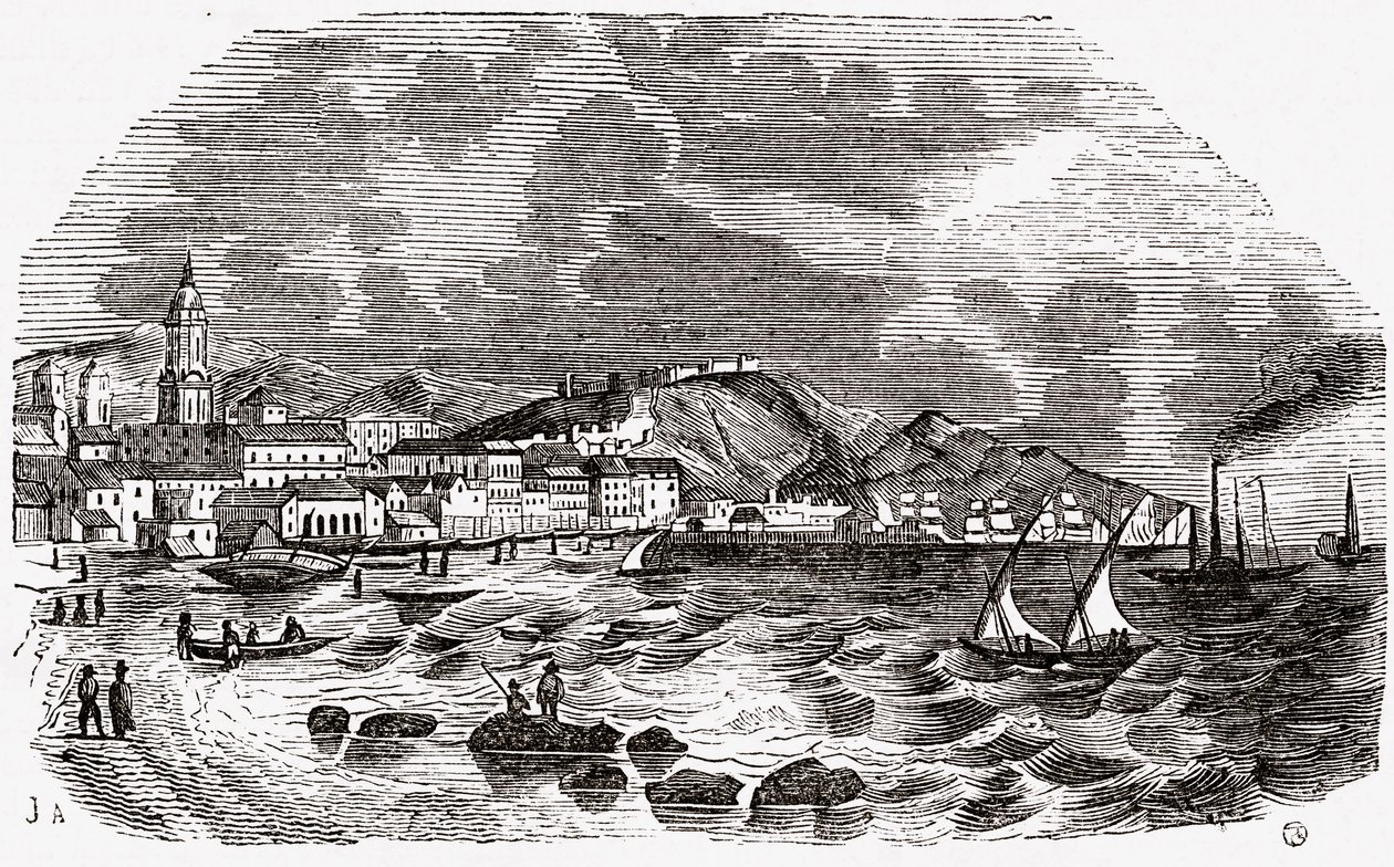 Staden och hamnen i Malaga, Spanien, mitten av 1800-talet av Spanish School