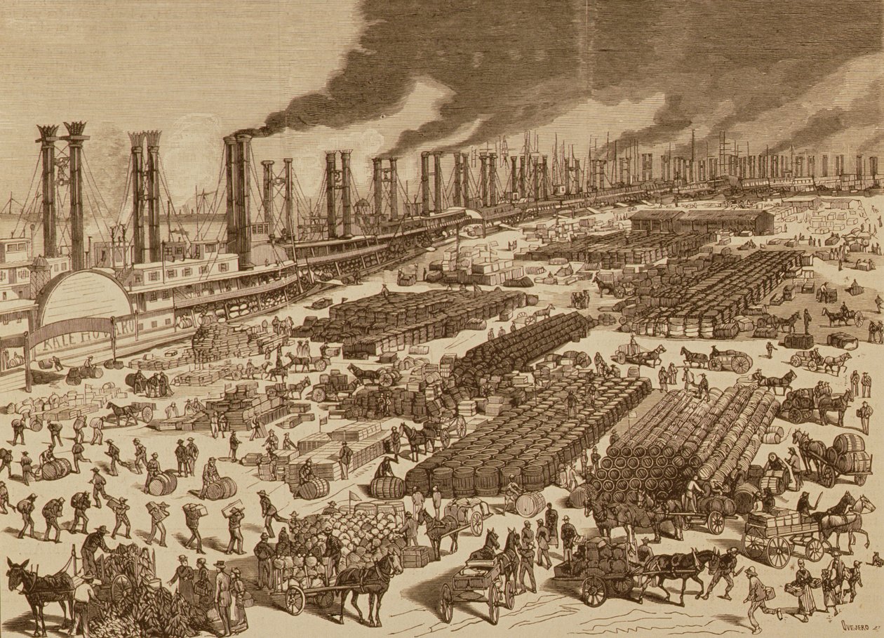 Kommersiell aktivitet och utsikt över kajen i New Orleans 1880 av Spanish School