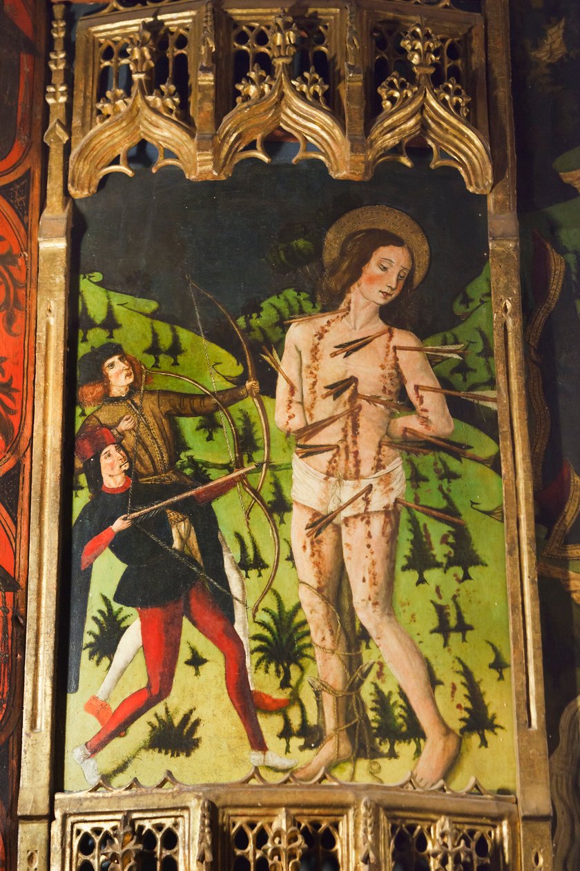 Detalj av en kastiliansk skolaltartavla som visar St. Sebastian av Spanish School