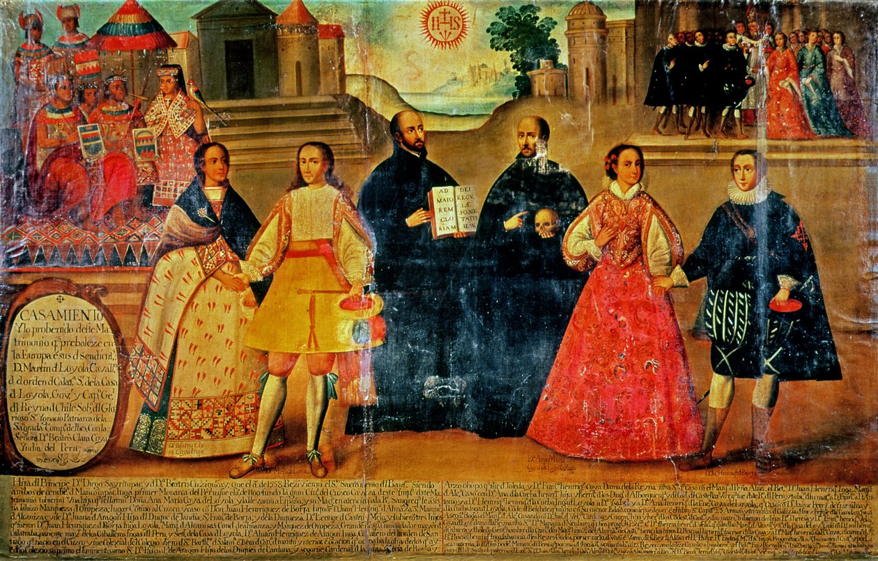 Dubbelbröllop mellan två inkakvinnor och två spanjorer 1558, ca 1750 (panel) av Spanish School