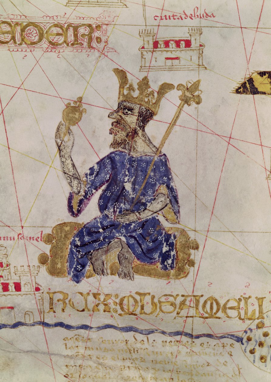 Kankou Mousa, kung av Mali, från Karl V:s karta, karta över Mecia de Viladestes, en portulan över Europa och Nordafrika, 1413 av Spanish School