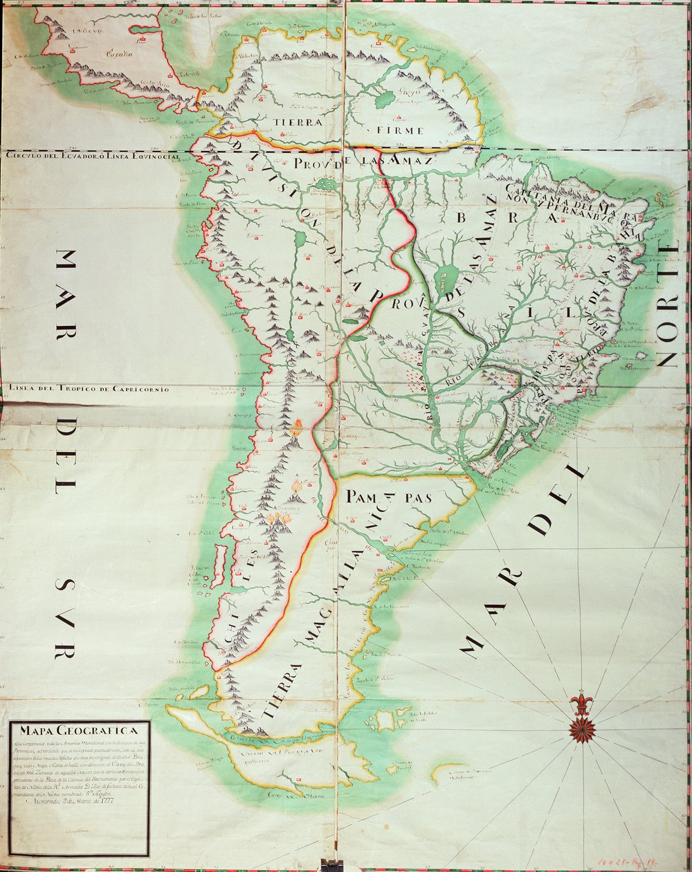 Karta över Sydamerika, 1777 (wc, gouache och penna och bläck på papper) av Spanish School