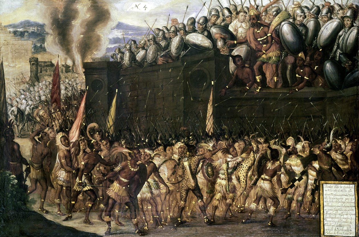 Montezuma (1466-1547), tillfångatagen av spanjorerna, vädjar till aztekerna att kapitulera när de attackerar hans palats 1520 (panel nr 4) av Spanish School