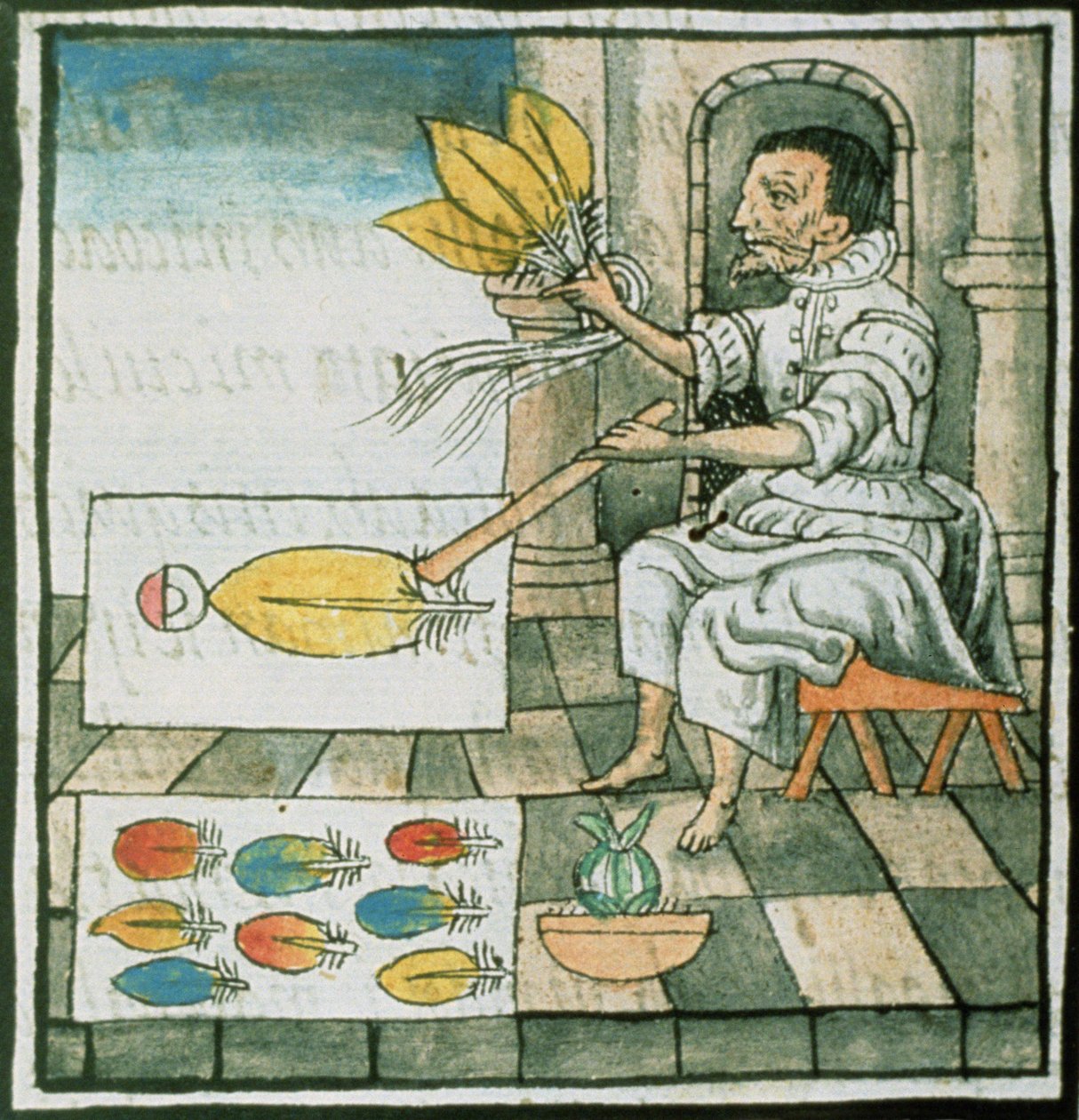 Ms Palat 218-220 Bok IX En aztekisk fjäderhantverkare, från "Florentine Codex" av Bernardino de Sahagun, ca 1540-85 av Spanish School