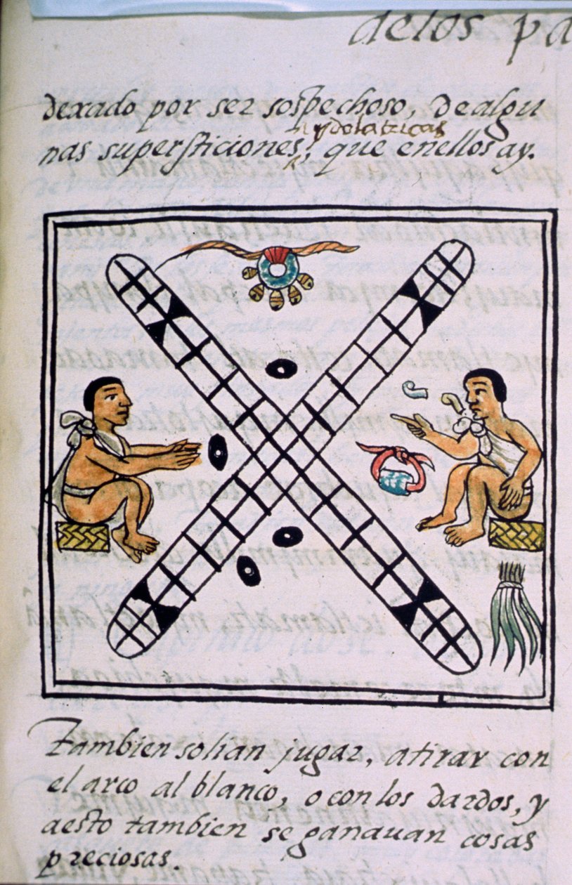 Fru Palat. 218-220 Bok IX Aztekiska män som spelar Patoli, från "Florentine Codex" av Bernardino de Sahagun, ca 1540-85 av Spanish School